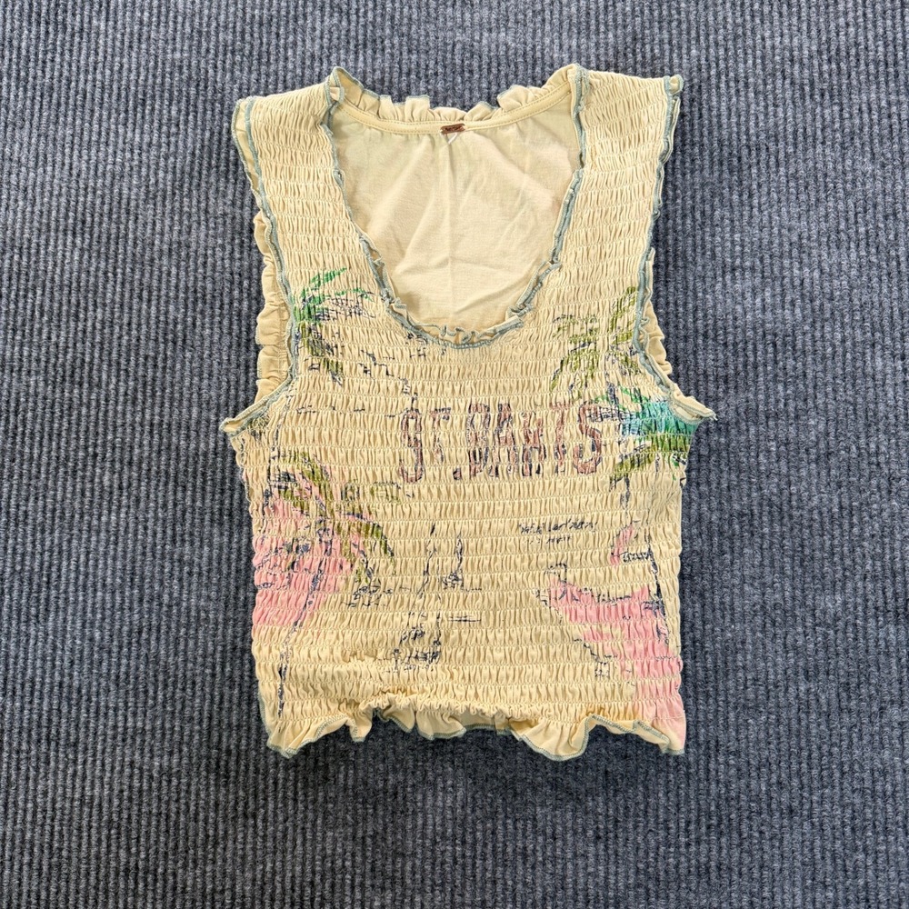 Free People Womens St Barts Tropical Crop Tank Top Yellow Smocked Ruffle Trim